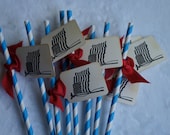 American Flag tags & Blue and white party swizzle straws. Set of 10