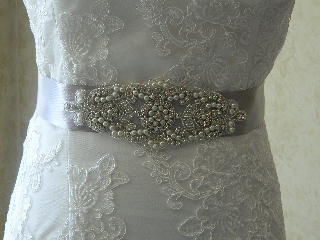 Wedding Sash/Belt,Bridal Sash,Rhinestone Sash,Beaded Sash,- Joyce -Silver Satin Wedding Sash