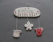 Ceramic Kitchen Sign - Cup, Flower and Pot, Pink Design, White, Red,Handmade, unique, kitchen decor, wall decor