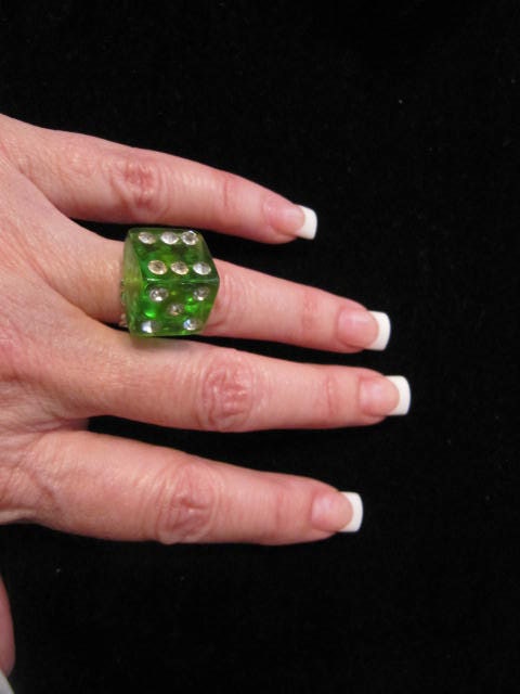 Silver Filagree Ring With A Vintage Green Dice With Rhinstones, Lucite Plastic, Girls, Women, Teens