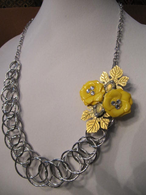 Necklace, Gold And Yellow Handmade Brooch, One Of A Kind, Unique, Art Deco OOAK, Gift Idea under 25 Dollars