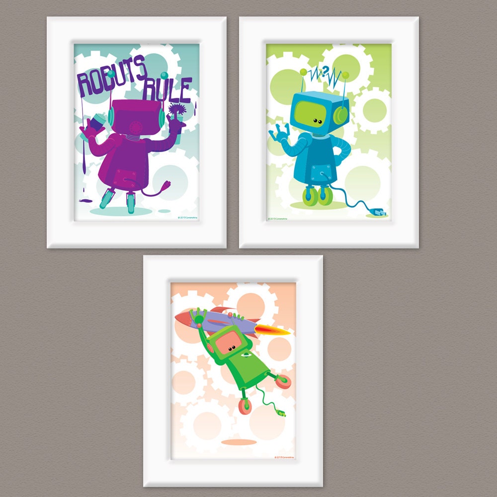 3-Piece Set, Robot Art Prints, Kids Room Wall Art, 5x7, Robot Art, Giclee Prints