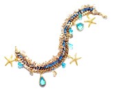 18k Gold Filled Charm Bracelet "Sea Star", woven with blue cotton thread and gold plated chain