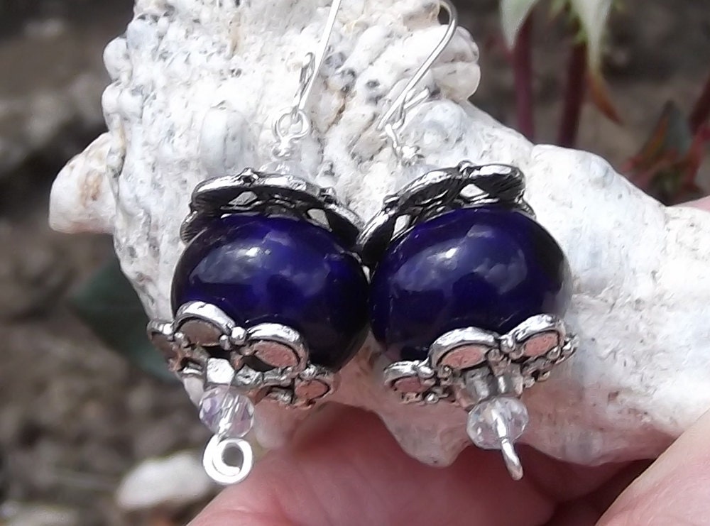 Cobalt blue & crystal dangle earrings Bridesmaid jewelry Wire wrapped earrings Women's gift Royal blue and silver jewelry Victorian earrings
