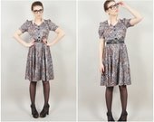 vintage 80s NUDE & black leopard jaguar spots print pouf sleeve petite cute boho midi dress