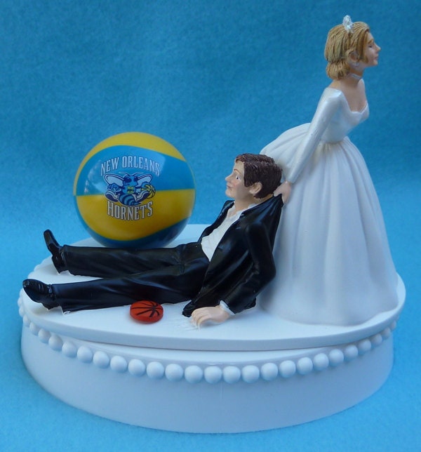 Wedding Cake Topper New Orleans Hornets Basketball Themed w/ Garter & Display Box - WedSet