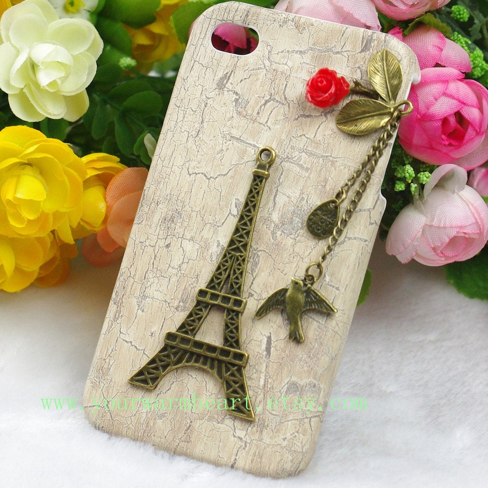 Eiffel Tower Iphone 4 case,Bird Iphone 4s Case,Flower Iphone Case, White Iphone 4 cases, Vintage style owl with Brass Branch Hard Case Cover