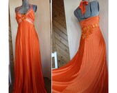 OOAK Embellished bright ORANGE Prom Maxi Dress Costume Mod Halter Goddess Pleat Empire SMALL