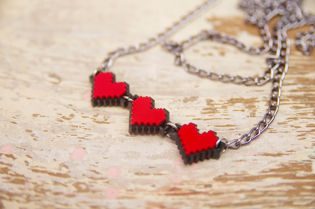 3 Pixel Heart Acrylic Necklace and Pandent for gamer 8 bits design for Zelda gamer 2 sides design
