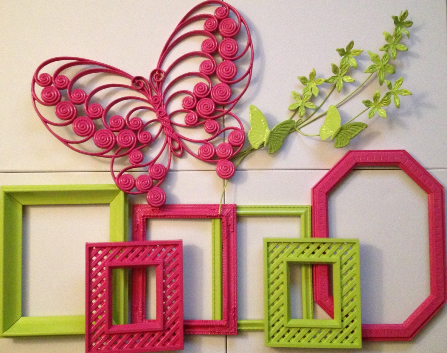 Upcycled pink green set of 8 butterflies flowers 3D wall art frame girls room dorm