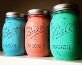 Painted distressed mason jars emerald sea glass green coral turquoise blue vase vintage centerpiece wedding decor ball kerr rustic wedding