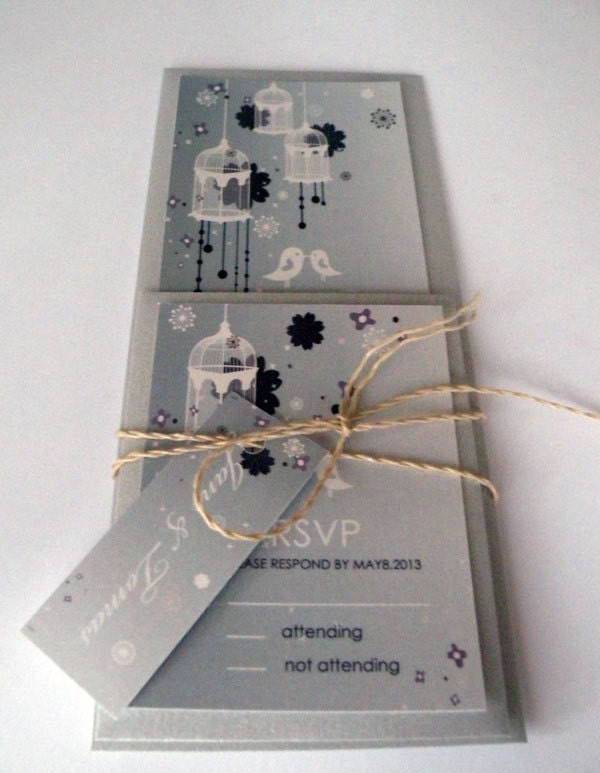 Set of 100 Wedding invitations, 100 RSVP cards, 100 Save the Date magnets, 1-24 table numbers, Winter birds