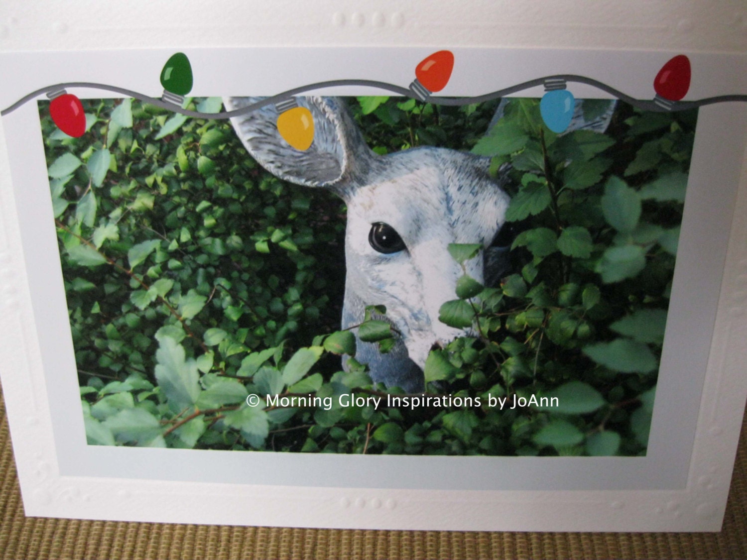 Deer with Lights Trim Photo Blank Christmas Card, Green, Deer, Christmas, Lights, Holidays