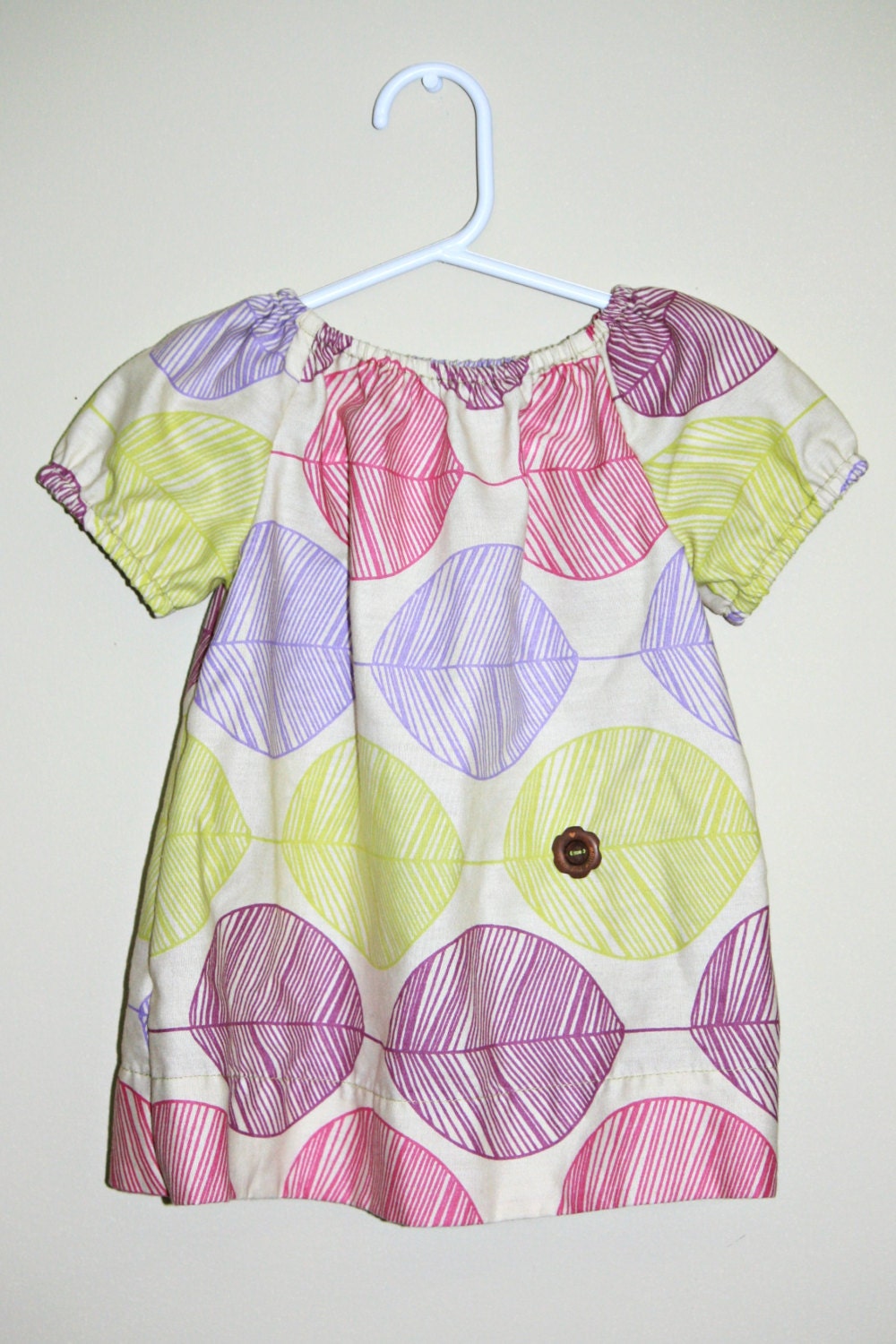 Girls dress. Boho peasant top in dark pink, purple & lime green leaf pattern. Handmade, 100% cotton. Size 2T.