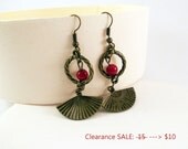 Beaded Earrings, Red Earrings, Fan Earrings, Dangle Earrings, Antiqued Brass Jewelry