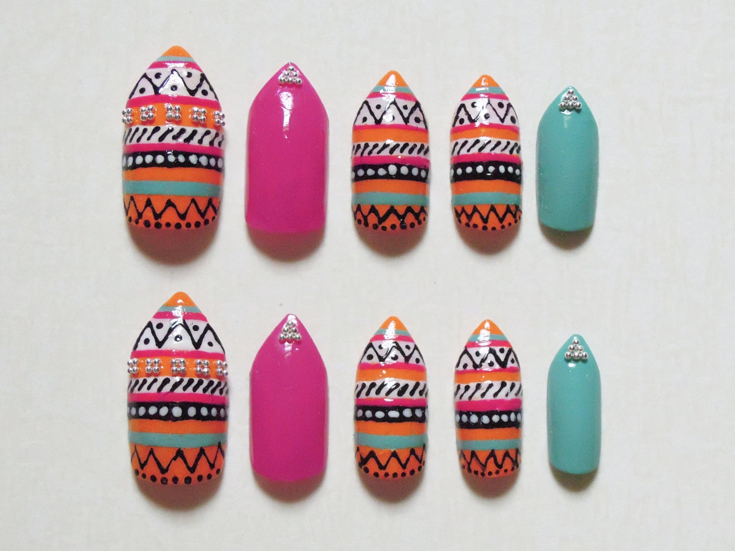 Orange, Pink and Turquoise Stiletto Fake Nails with Aztec / Tribal Print and Silver Beads Nail Set