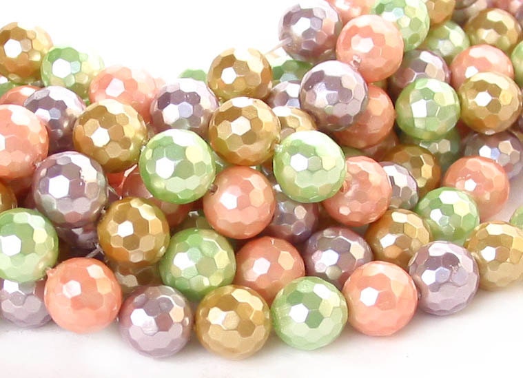 15" 8mm A grade South Sea Shell Pearl faceted round beads - pink violet lime green gold - multicolor