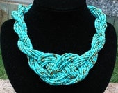 Turquoises Bead Knot Statement Necklace, Handmade Blue & Golden Beaded Bib Necklace, Boho Jewelry, Chunky Necklace