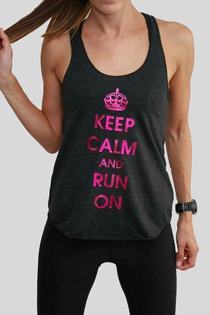 Keep Calm and Run On American Apparel Racerback Tank in Tri-Black with Bright Pink Print