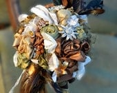 Brooch Wedding Bouquet - Vintage Jewelry, Heirloom, Keepsake Bouquet. Taupe, Ivory, Olive, Gold. All Handmade fabric flowers.