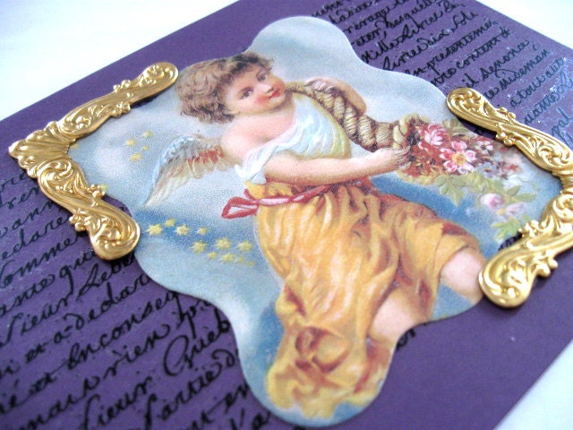 Cherub Valentines Blank Greeting Card - Purple Elegant