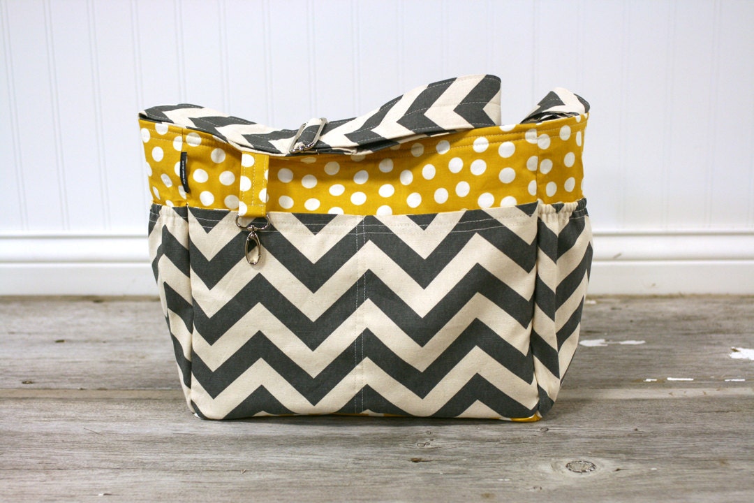 Reserved for Ashlee / Monogrammed grey chevron and mustard polka dot diaper bag