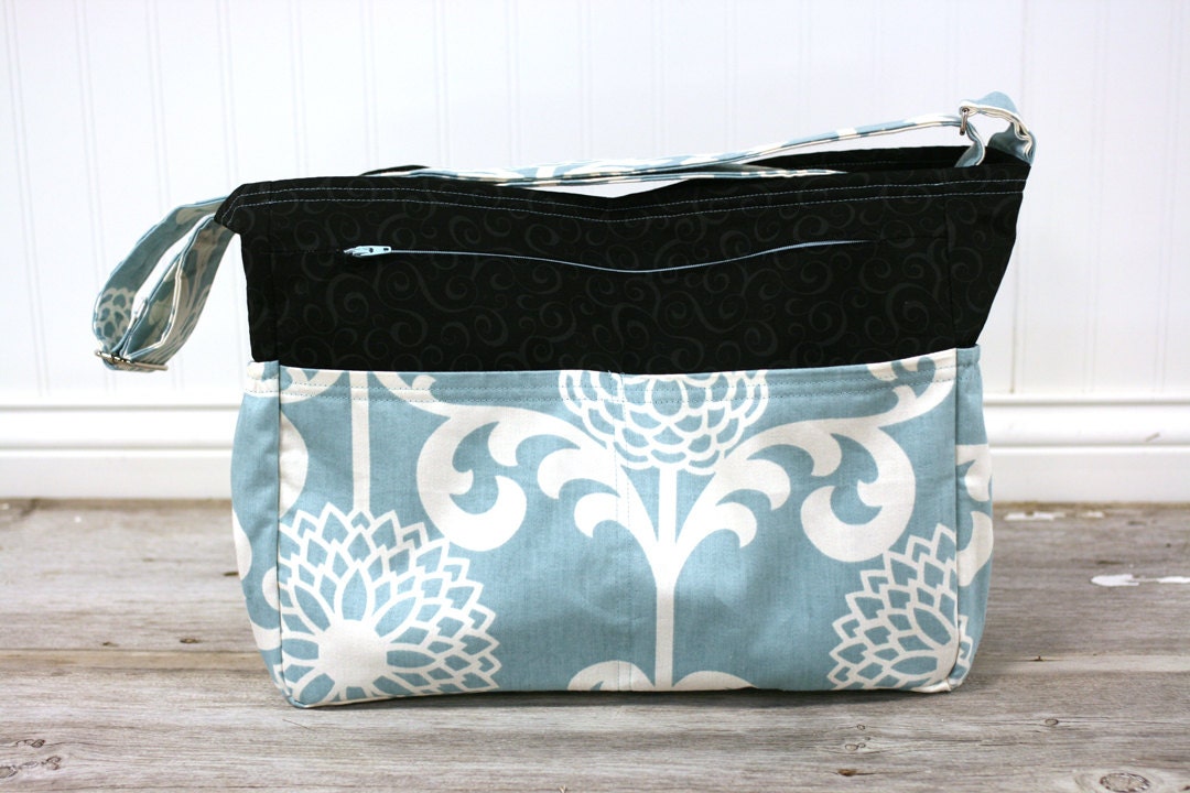 Soft teal black and white flowered large tote bag or diaper bag