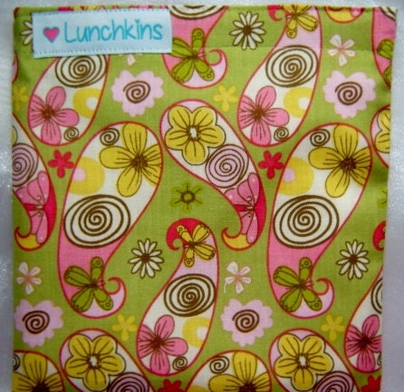 SANDWICH Snack BAG Pink Green Flowers Design Reusable with Nylon Lining