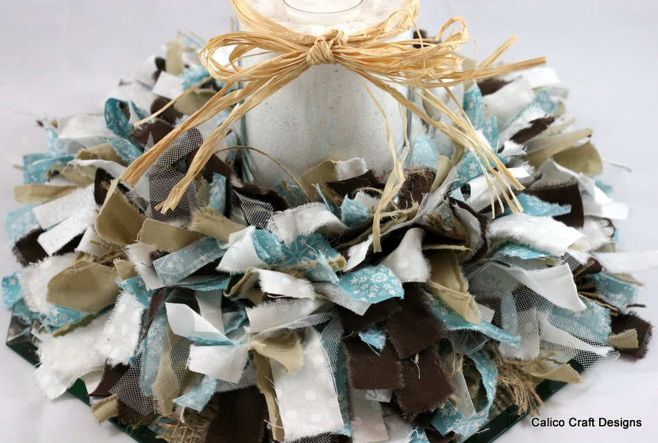 Great for Beach Lovers - Blue, White, and Brown Fabric Rag Candle-Ring