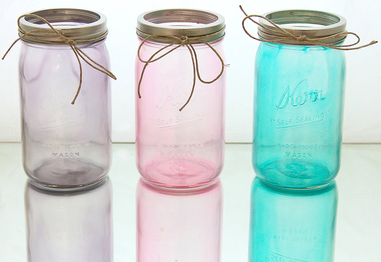 Pick 3 Stained glass mason jars in blue, red, purple, pink, yellow, green, brown, and black wedding centerpiece home decor