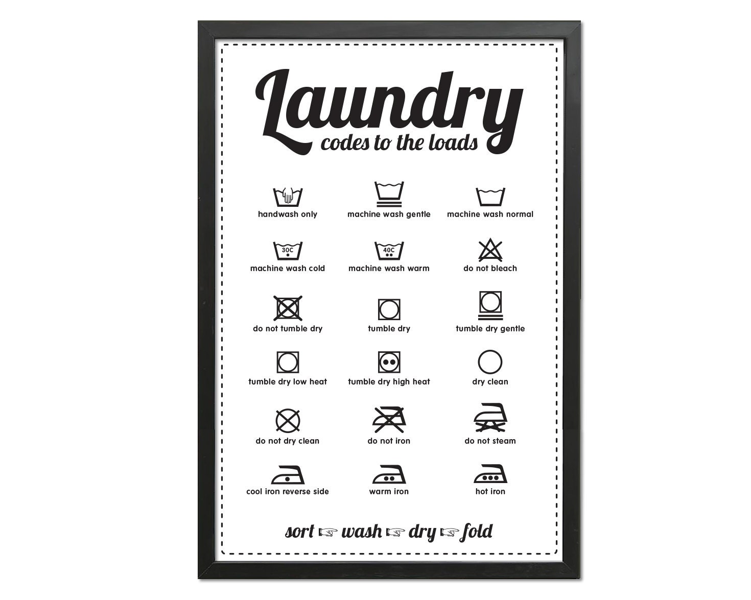 Laundry Symbols - Codes to the Loads - 12x18 Art Print Black and White  - Typography Poster