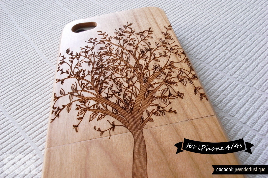 SALE30%OFF: Natural Wood iPhone 4 Case - Engraved Tree iPhone Case // Forrest, Sculpture, Cherry Wood, Art, Gift, Laser Engraving, Nature