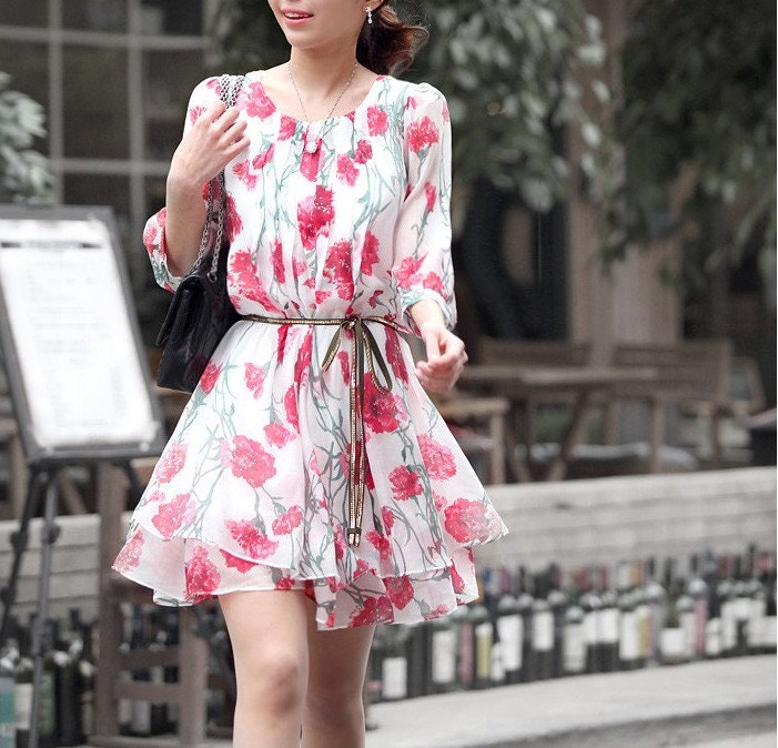 Beautiful Printing Maxi Dress Flower Pink One Piece Chiffon Dress Maxi Skirt- WH143,S-XL