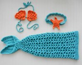 Mermaid Tail Set Baby Costume - 3 Piece Handmade Crochet Photo Prop- baby-  Beach Wear