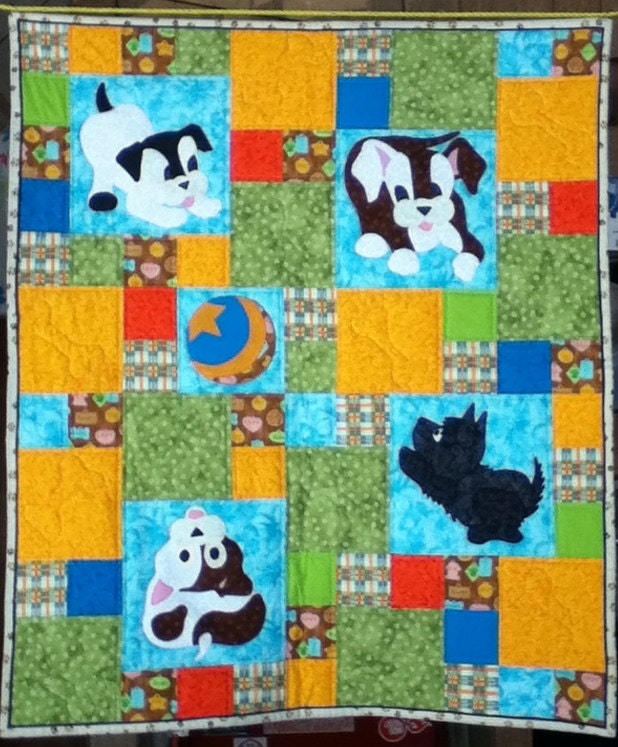 Puppy, Love, cute, baby boy, handmade, quilt, soft, blanket, applique, turquoise, blue, yellow, orange, green, patchwork.