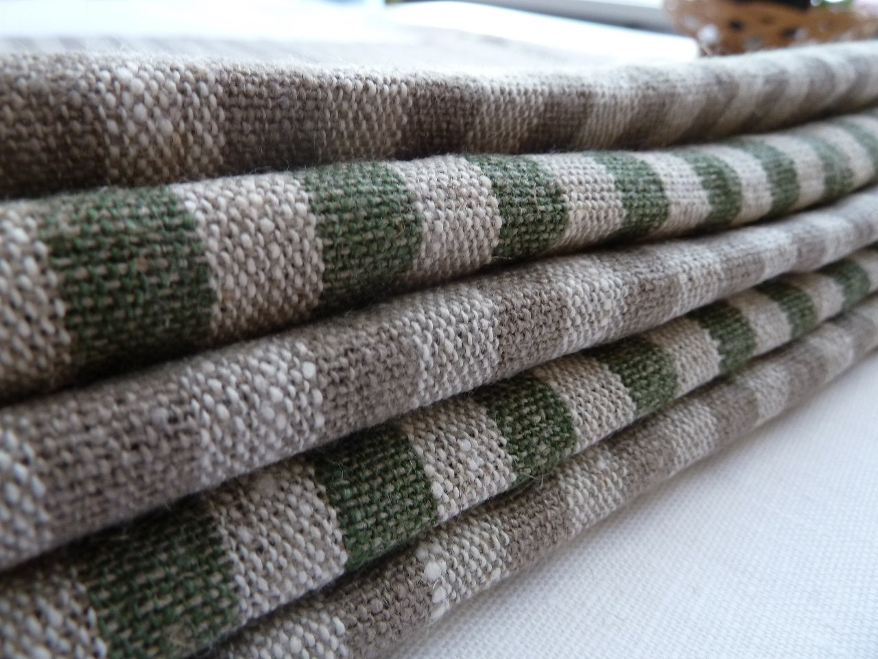 Set of 2 Grey & Green Color Linen Towels, Kitchen Towels, Stripe Printed Dish Towels, Rustic Stripe Printed Towels (28.3"x18.5")