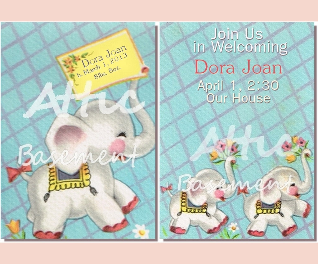 Buy gift tags and ecards - Custom Baby Elephants Birth Announcement or Shower Invite Boy or Girl DIGITAL Downloadable Printable