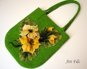 Felt Handbag Shoulder Bag Felted Flowers Hadmade Wool Accessory Wet Felting Gift for Her for Mom Summer Fashion Green Yellow Orange Beige