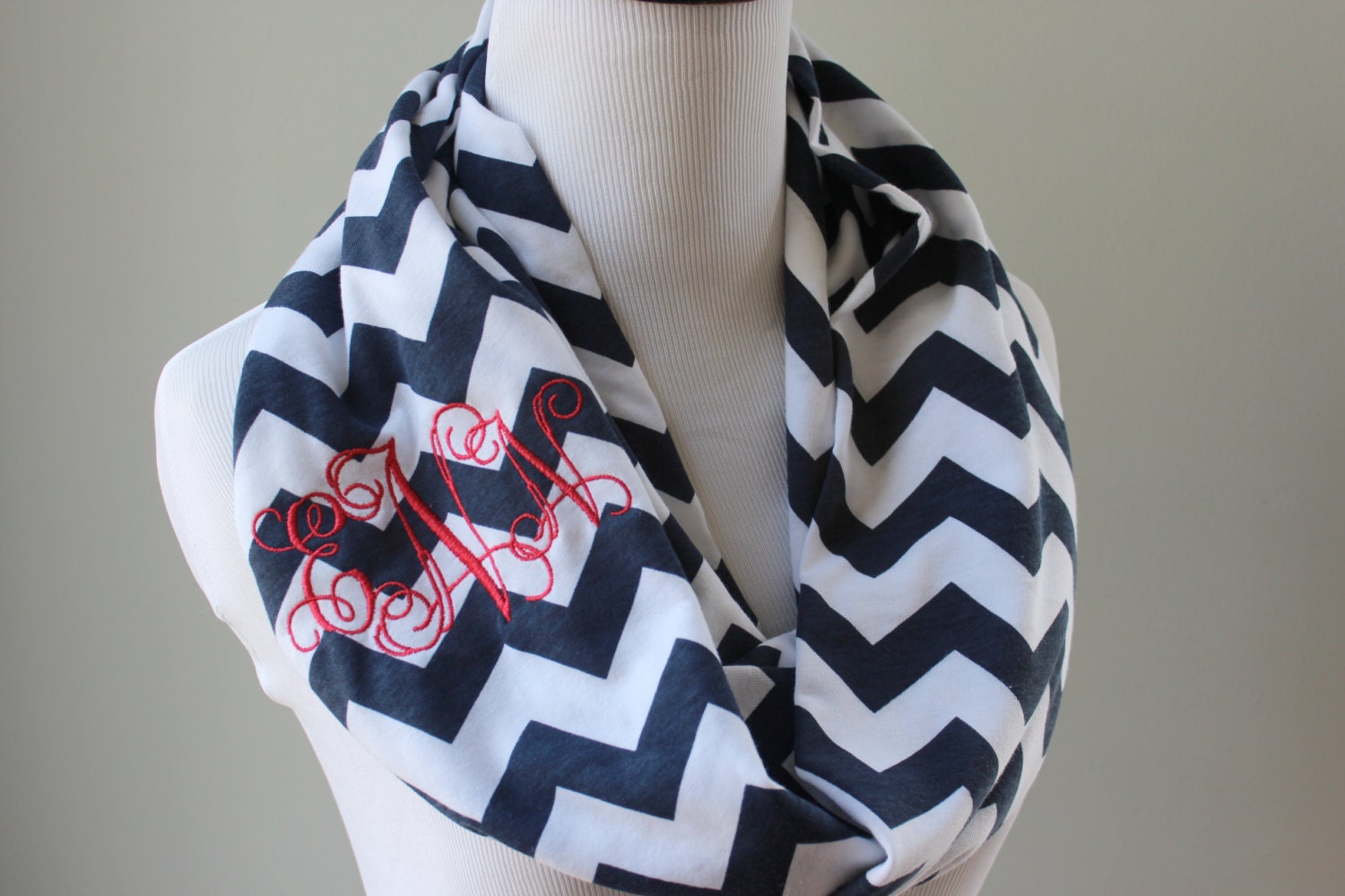 Monogrammed Chevron Infinity Scarf in Soft Jersey Cotton - Navy Chevron - Bridesmaid, Graduation Gift