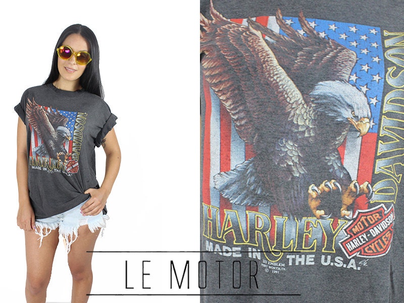 Vtg 90s Harley Davidson USA Flag Eagle Tshirt