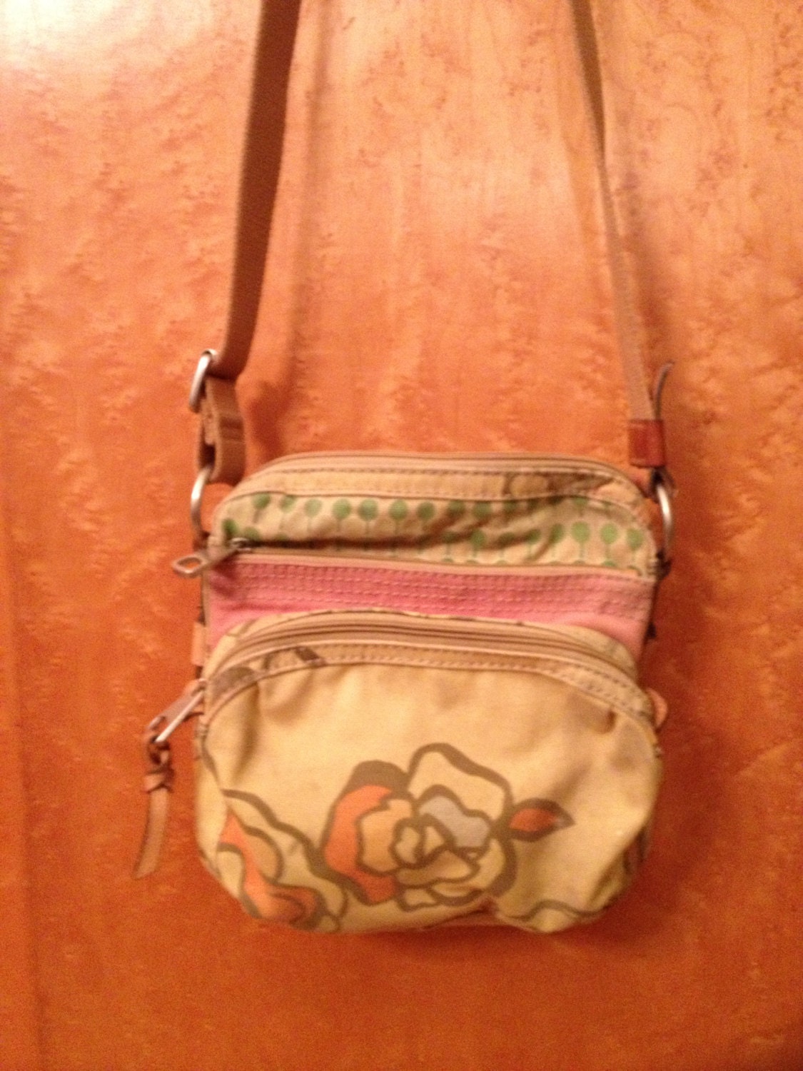 Vintage Classic FOSSIL Floral Canvas and Brown Leather Bag Purse Crossbody-RARE
