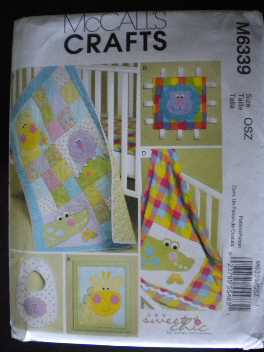 New Uncut McCalls Baby Crib Quilt Pattern Baby Blanket Taggie Bib and Wall Hanging Applique Zoo Animals M6339
