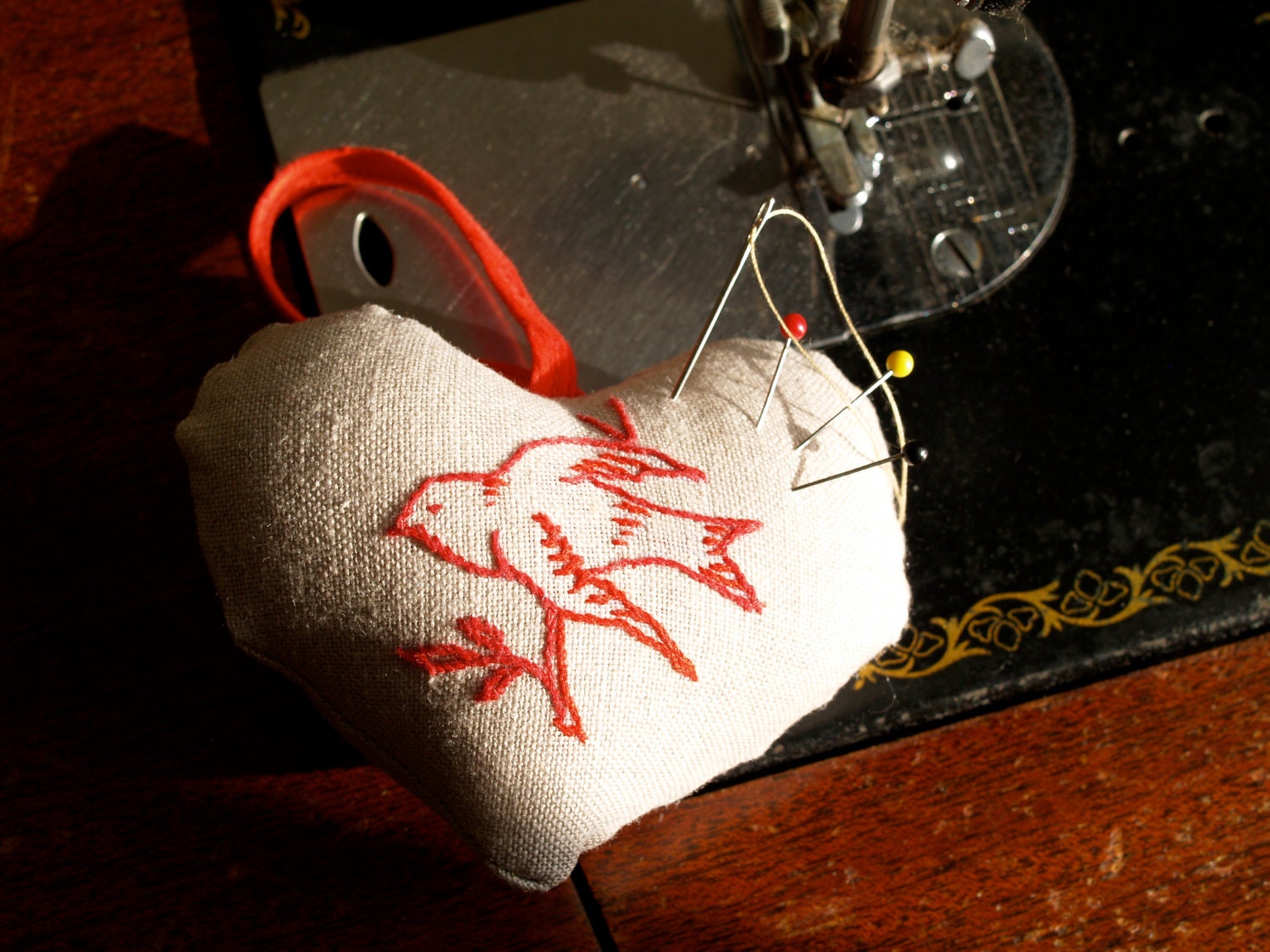 Linen Heart Pincushion with Embroidered Bird Motif