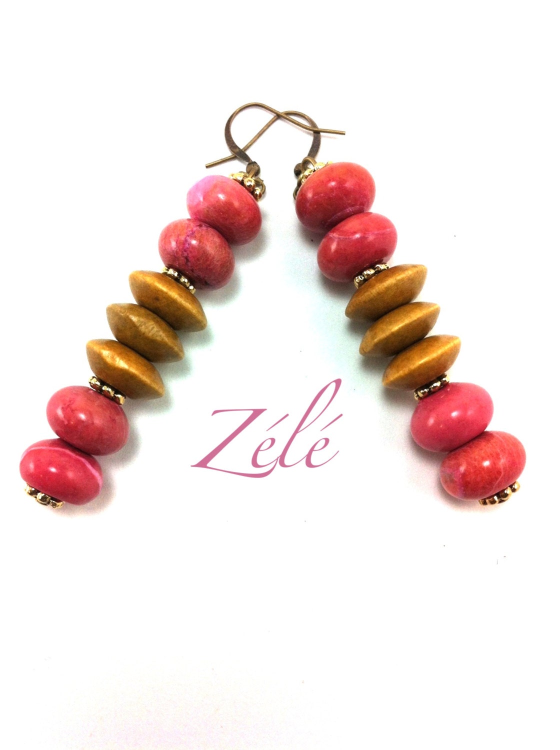 Pink Agate and Wood Stacked Earrings