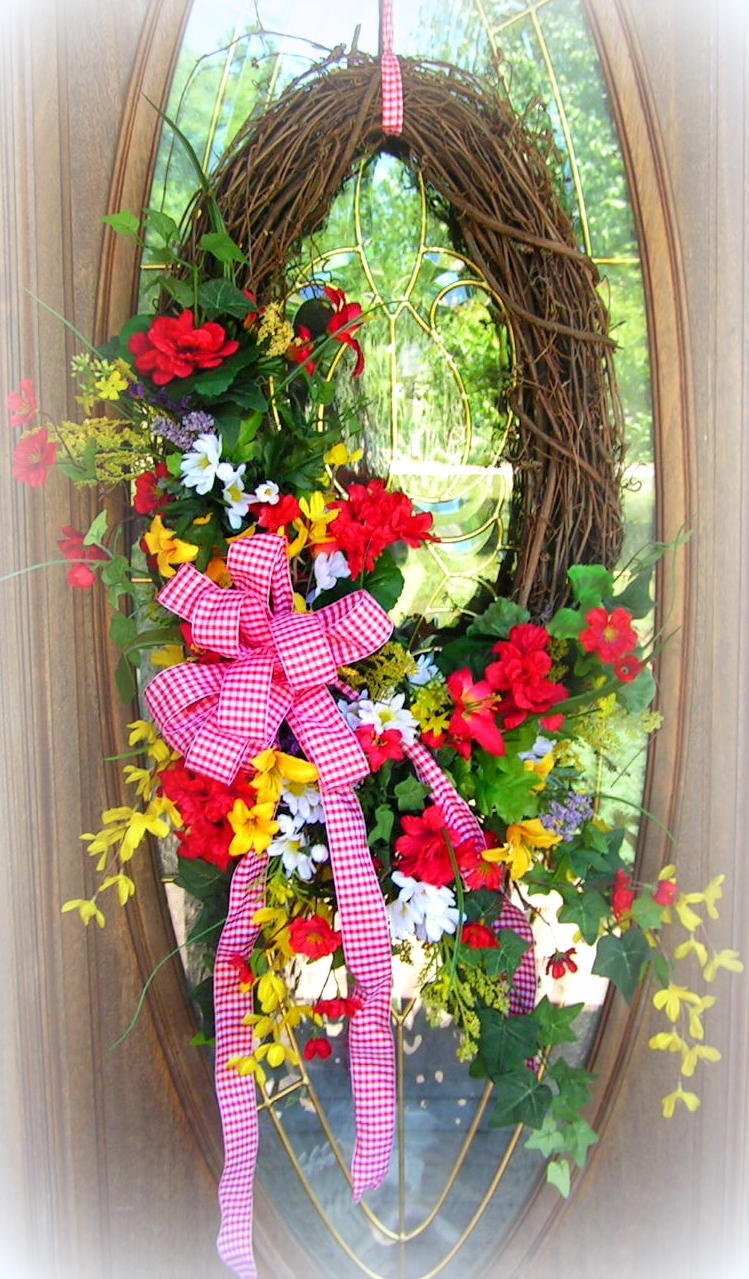 Colorful Summer Wreath-Geraniums,Greenery and Gingham Bow and Ribbon Hanger - 30" -NEW