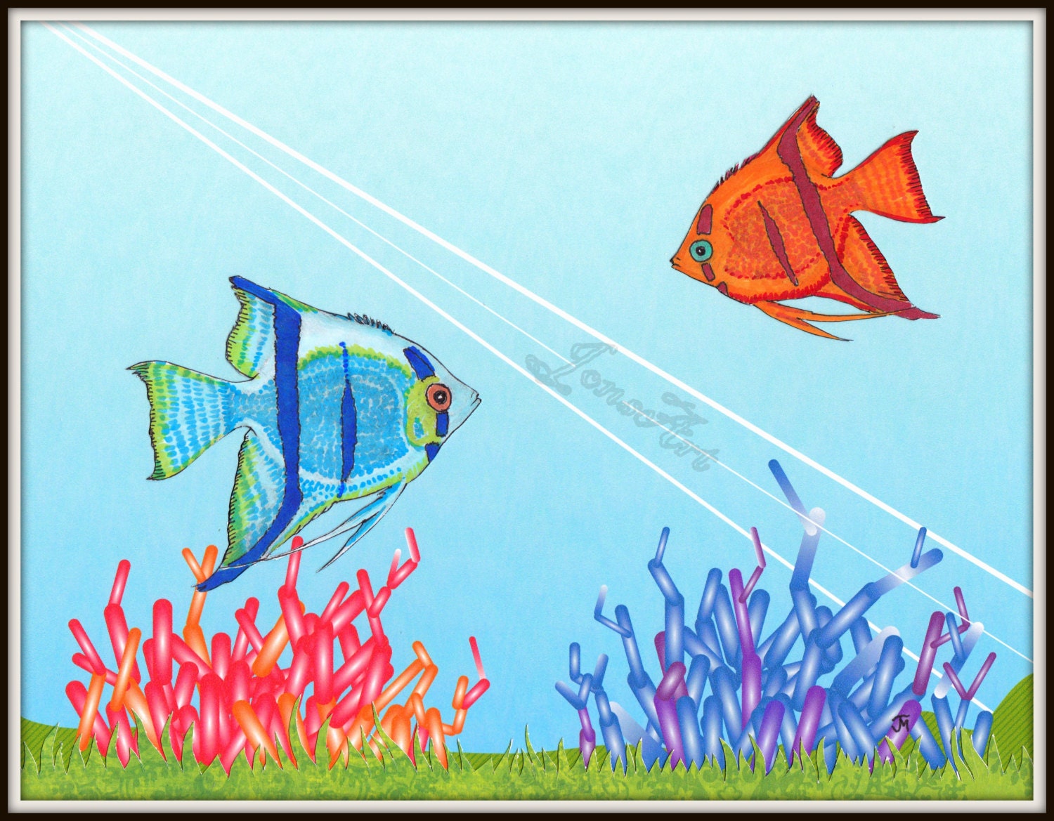 Kid's Wall Art, Angel Fish, Ocean, Sea, Copic Art, Childrens Decor, Digital Art, Wall, Bedroom, Home Decor, Blue, Red, Orange, 8 x 10 Print
