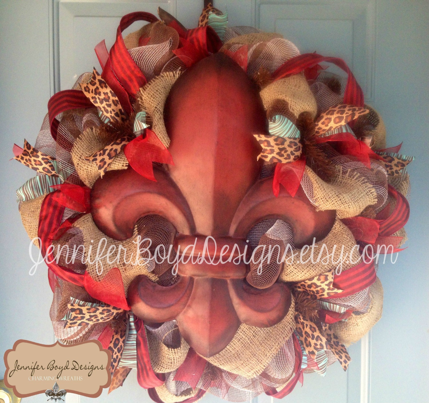 Rustic Red, Turquoise, Leopard print and Burlap Fleur de Lis Deco Mesh Wreath, Western