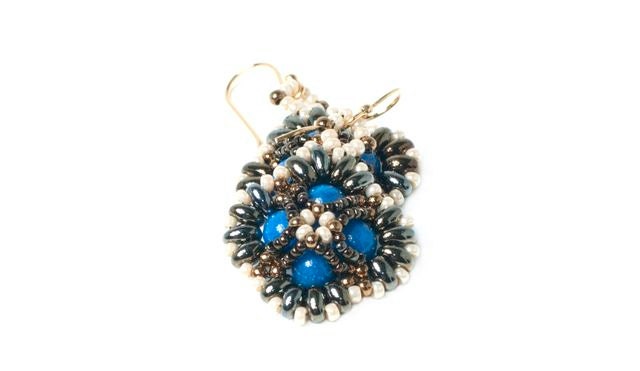 Blue beaded earrings with brown bronze twin beads