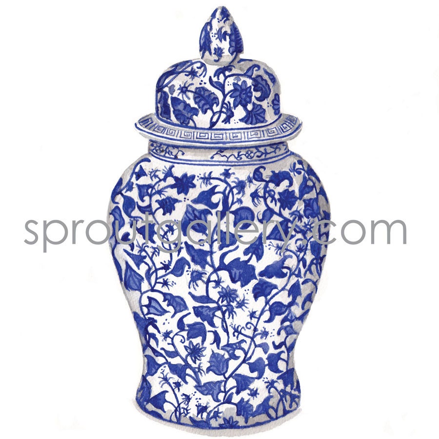 LARGE Blue and white china ginger jar limited edition watercolour print.