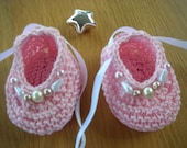 Hand knitted Baby girl ballerina booties in lovely soft hand washable pink cotton with  small beads and ribbons.